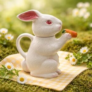 Vintage Tony Wood Studios “Bobtail”White Rabbit with Carrot Tea Pot